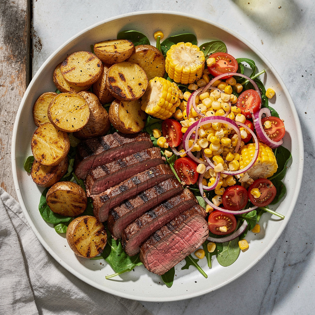 Grilled Top Sirloin with Roasted Potatoes and Corn Salad