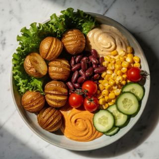 Vegan lunch bowl with Hasselback potatoes