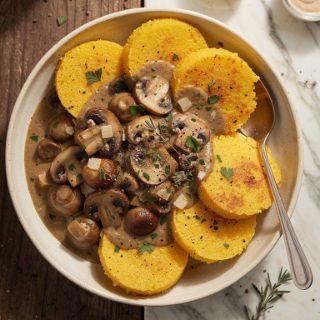 Fried Polenta with Creamy Mushroom Sauce