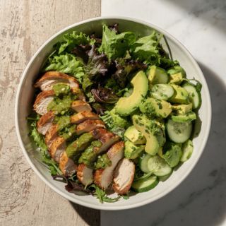 “Chicken” Verde with Avocado and Cucumber Salad